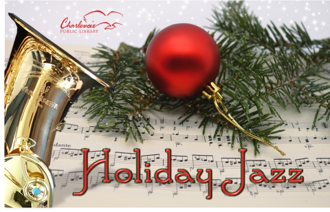 Library Logo with Holiday Jazz featuring holly and jazz instruments